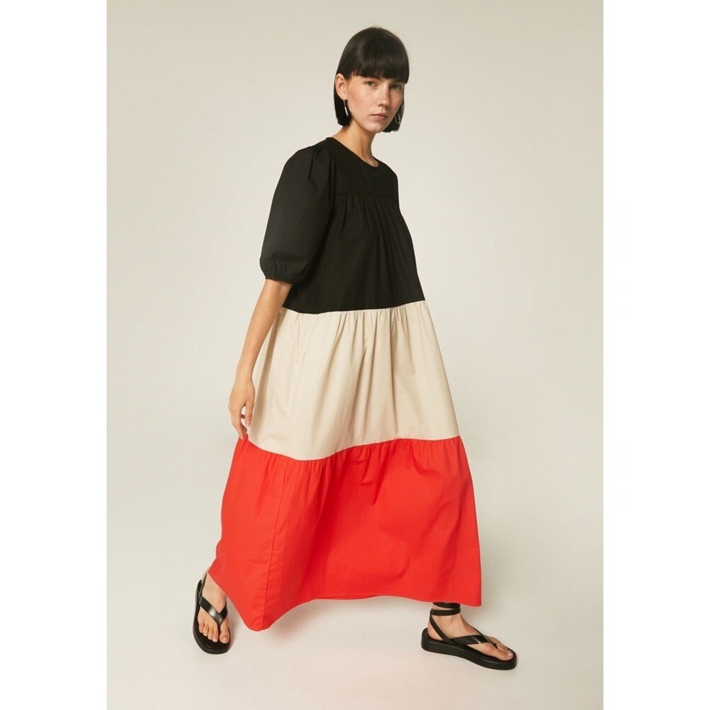 Compania Fantastica Tricolor Colorblock Maxi Dress Cotton Black Beige Red L